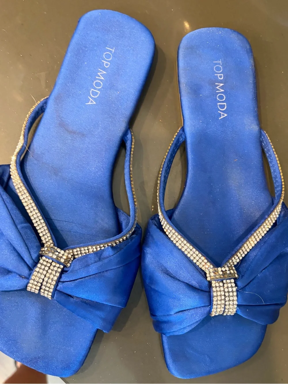 TOP Moda Cobalt Blue Satin Slide Mules with Crystal Trim